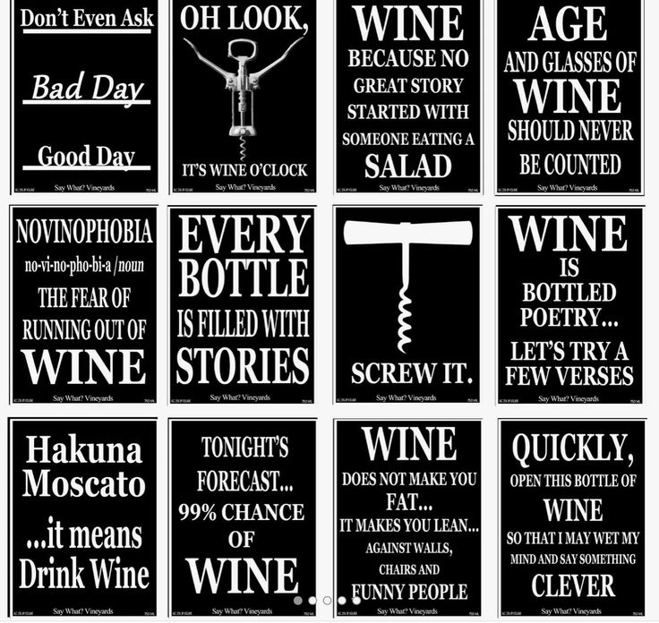 twelve posters with wine sayings in black and white, each featuring different types of bottles