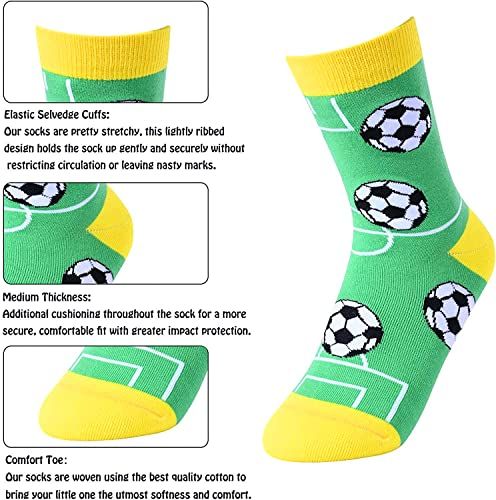 Size & PackingFits for 4-7 years old boys. Each plastic zippered bag contains one pair of cool socks for kids.Little Boys' SocksNovelty, funny, bright, colorful, vivid, and crazy - all words that describe our extensive collection of kids' socks! If your little ones prefer soccer-themed socks, choose these novelty and crazy socks for them.Soccer Gifts For BoysYouth soccer socks make the perfect gift for soccer players and boys who love the sport, as well as kids who enjoy playing soccer.Kids' Gif Casual Green Socks For Playtime, Green Casual Socks For Playtime, Crazy Socks For Boys, Fun Non-slip Socks For Playtime, Playful Green Socks For Gifts, Soccer Socks Men, Soccer Socks Boys, Boys Christmas Socks, Patterned Socks Boy