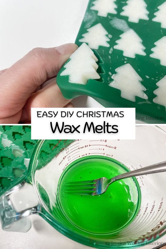 a hand holding a green mixing bowl with white christmas wax melts in it and the words easy diy christmas wax melts