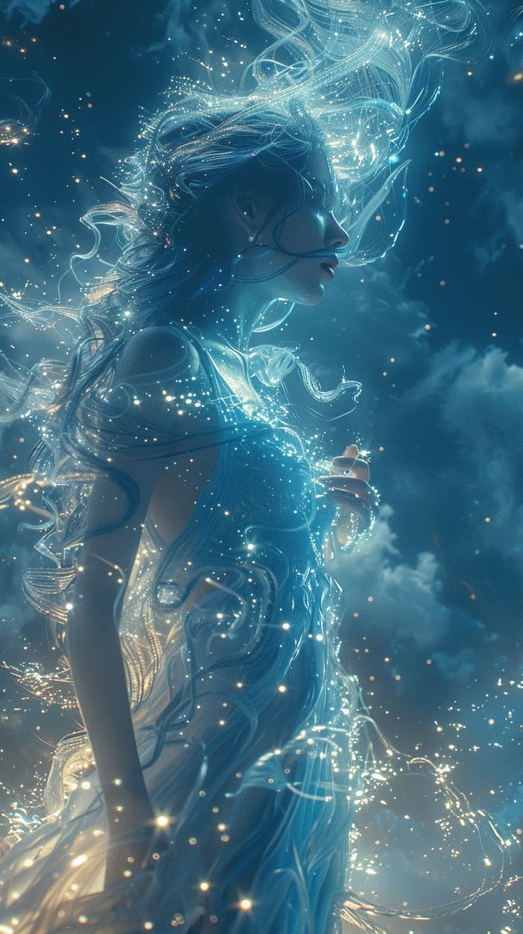 a woman standing in the water with her hair blowing in the wind and stars around her