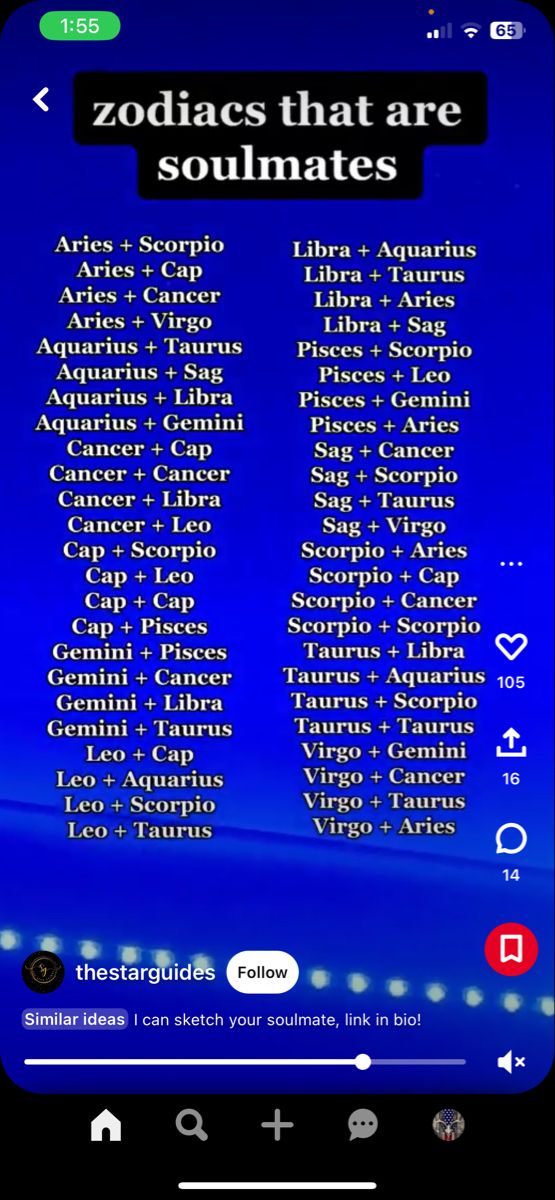 the zodiacs that are soulmates screenshoted on a cell phone with an arrow pointing to them