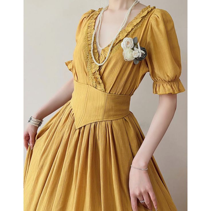 A classic dress that will make you look like a prestigious lady. The waist is high, giving you a beautiful silhouette. For the waist, you can choose between a wide corset or a narrow waist ribbon. The neckline is decorated with frills, and the flared skirt gives an elegant impression. 
 
 
 ＜Item＞ 
 
 Long length 
 Standard length 
 
 
 ＜Waist part＞ 
 
 Corset + waist ribbon 
 waist ribbon 
 
 
 ＜Size＞ 
 
 Long length 
 
 S size 
 
 Length: 125cm 
 Upper body length: 37cm 
 Shoulder width: 33cm Elegant Fitted Vintage Dress In Solid Color, Elegant Dresses With Fitted Bodice And Underbust, Elegant Solid Color Fitted Vintage Dress, Elegant Fitted Dresses With Underbust, Elegant Fitted Underbust Dress, Elegant Spring Vintage Dress With Empire Waist, Elegant Victorian Dress For Vintage Fashion, Elegant Corset Dress With Boned Bodice And Empire Waist, Elegant Fitted Vintage Dress For Garden Party