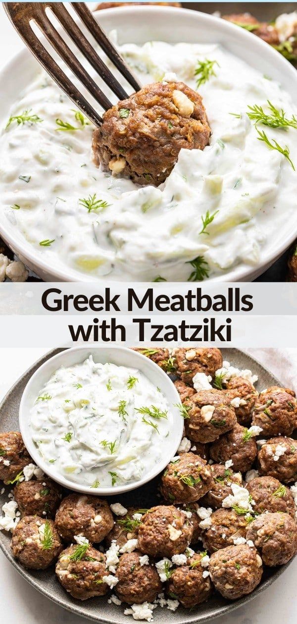 greek meatballs with tzatzziki and yogurt sauce on a plate