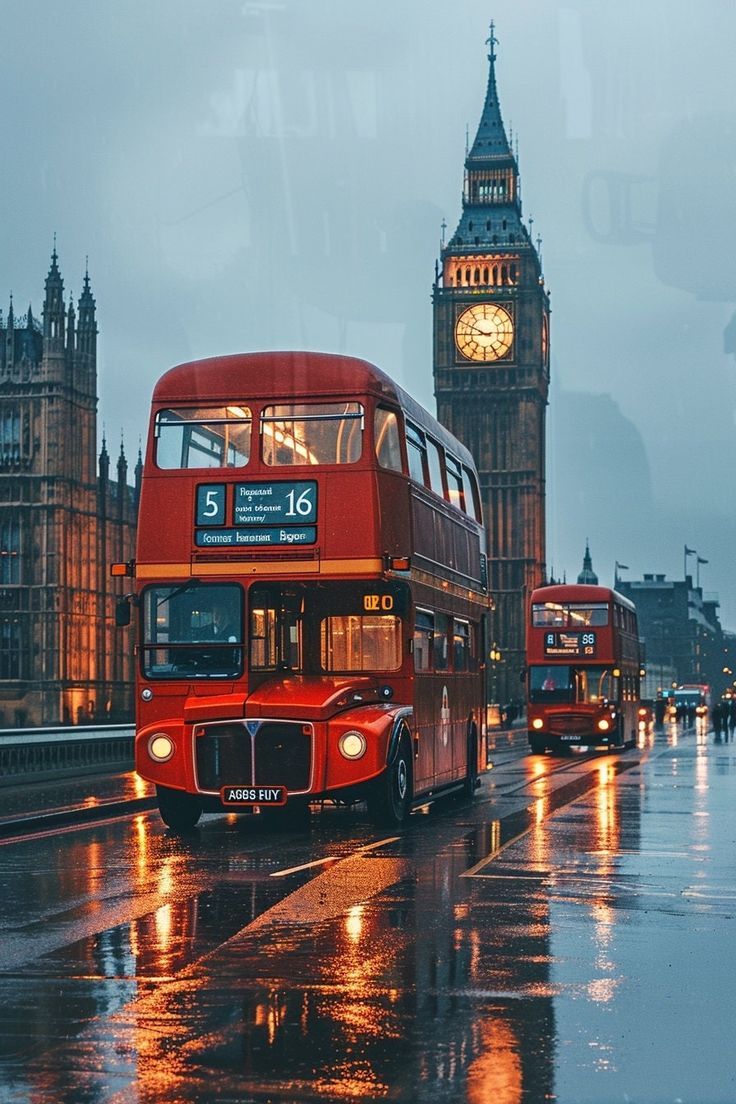 two red double decker buses driving down the street with big ben in the back ground