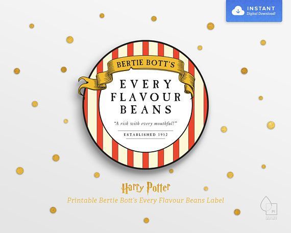 harry potter's every flavorer beans label on a white background with gold confetti