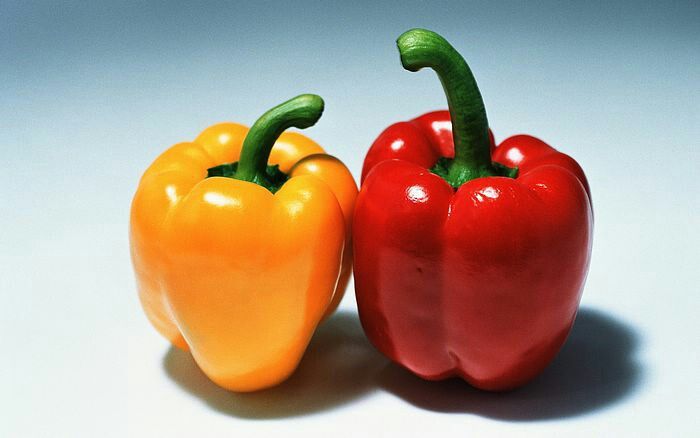 two red and yellow peppers sitting next to each other on a white surface with shadows