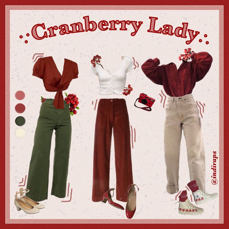 Cozy Christmas Outfits Aesthetic, Cranberry Outfits, Green And Red Outfit Aesthetic, Cranberry Makeup, Red And Green Outfit, Red Pants Outfit, Christmas Content, Christmas Fashion Outfits, Academia Outfits