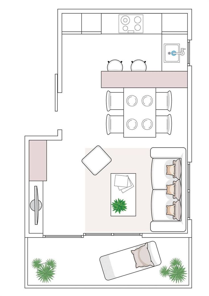 a drawing of a living room and dining area in one bedroom apartment with an open floor plan