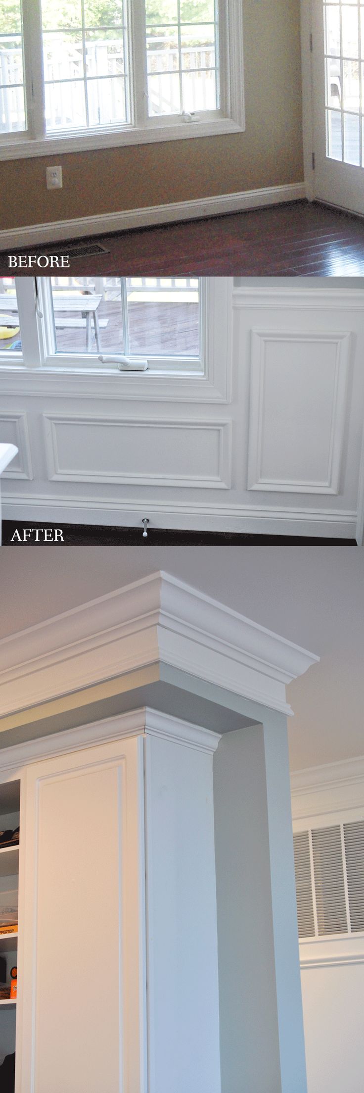 before and after shots of kitchen cabinets with white paint on the bottom, top and bottom