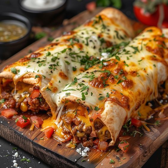 two enchiladas on a wooden cutting board with salsa and cheese in the background