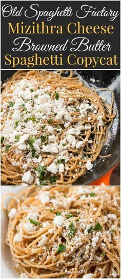 spaghetti with cheese and parmesan on top in a skillet, next to the recipe