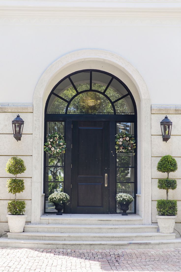 a black front door with two potted plants on either side