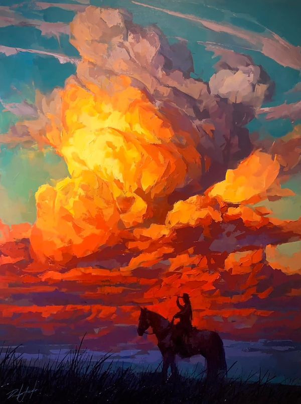 a painting of a man riding a horse in front of an orange and yellow cloud