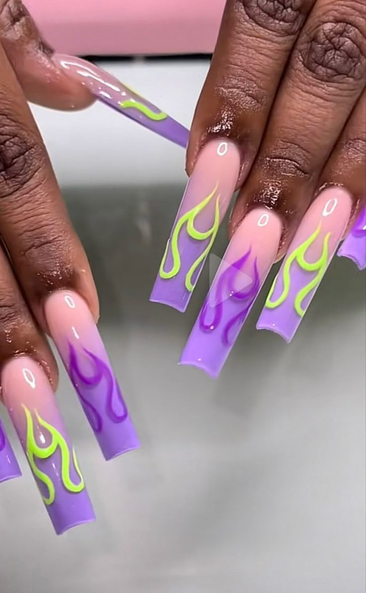 Purple And Lime Green Nail Designs, Purple With Green Nails, Neon Green Long Acrylic Nails, Neon Green Acrylic Nails Art Designs, Ombre Flame Nails, Green And Purple Acrylic Nails, Neon Purple And Green Nails, Unique Purple Nails, Neon Nail Ideas Summer Long