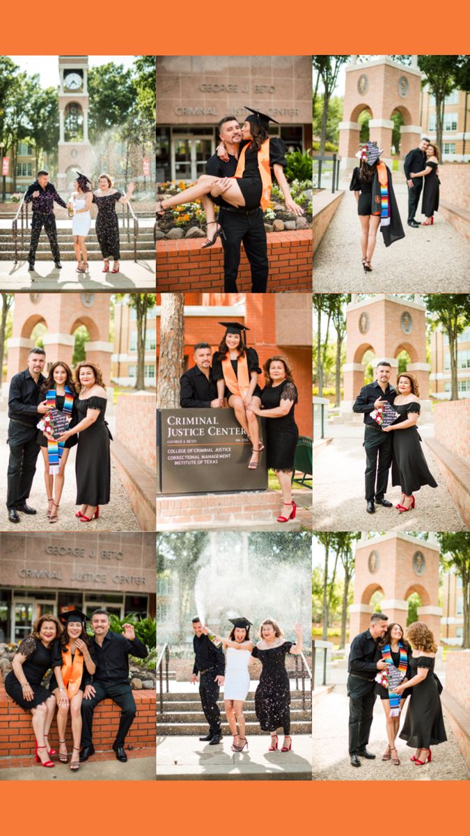 a collage of people posing for pictures in front of a building and fountain with their arms around each other