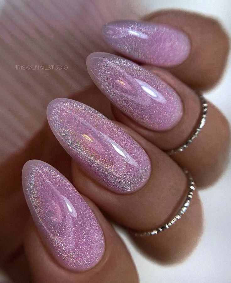 Almond Holographic Nails, Purple Sparkling Nails, Sparkle Chrome Nails, Popular Nails 2023, Summer Nails Sparkle, Iridescent Pink Nails, Fun Summer Nails Almond, Color Chrome Nails, Speak Now Nails