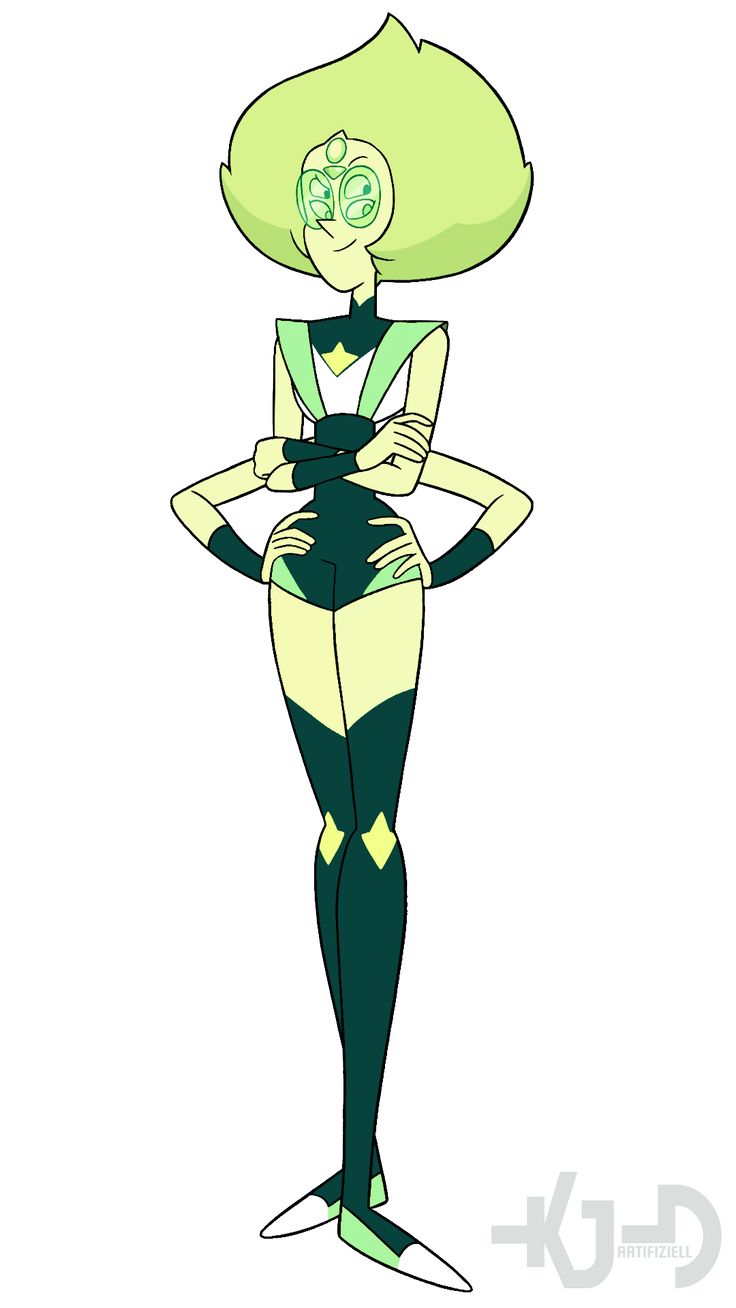 a cartoon character with green hair and an alien outfit, standing in front of a white background