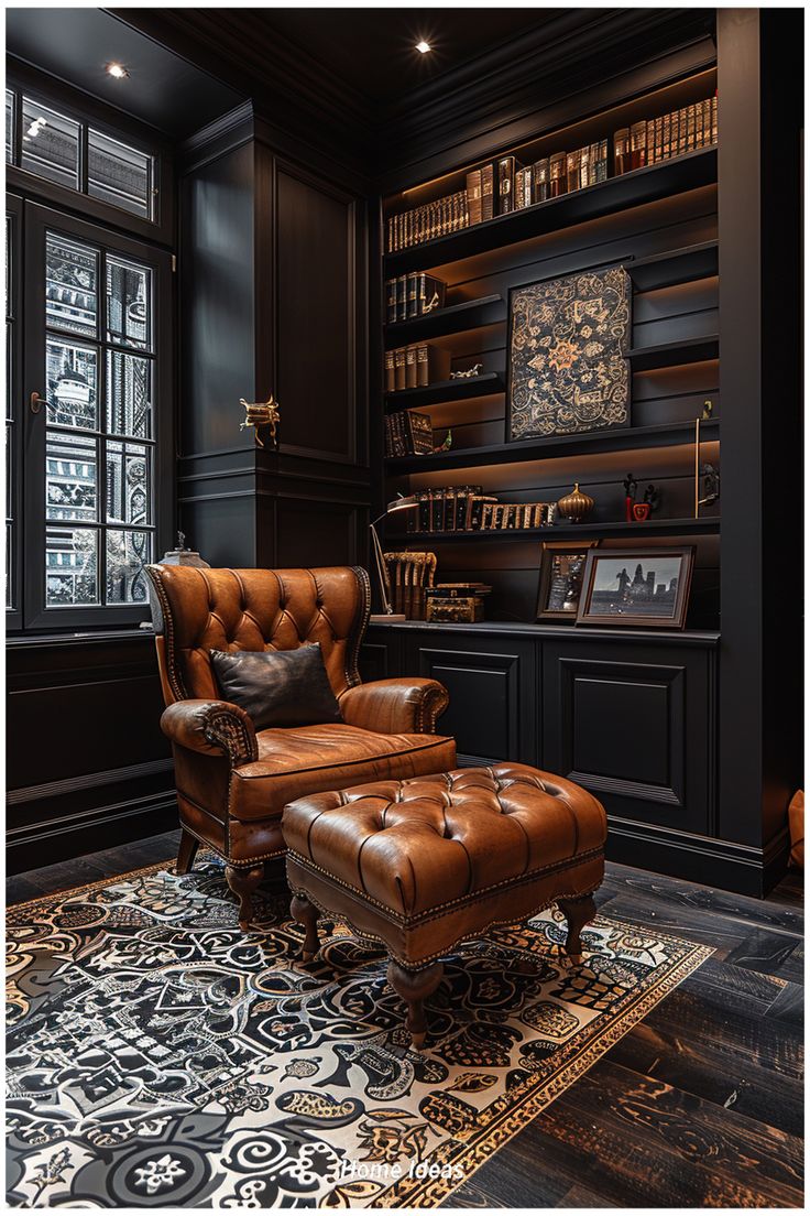 a leather chair and ottoman in front of a bookcase