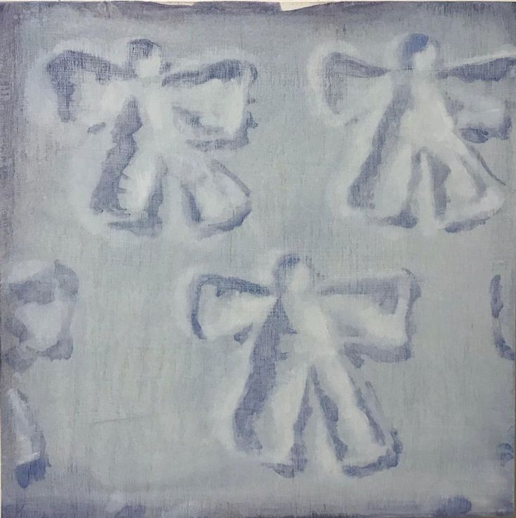 an abstract painting with blue and white paint on it's edges, depicting angel symbols