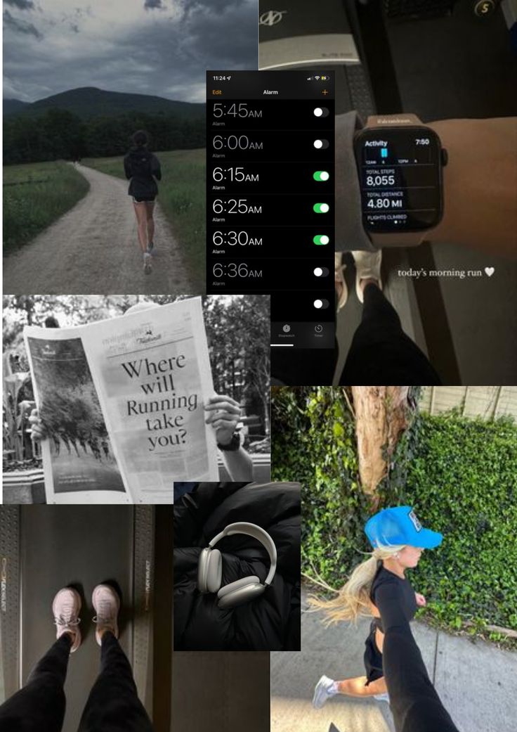 the collage shows several different images with people walking, running, and talking on their cell phones