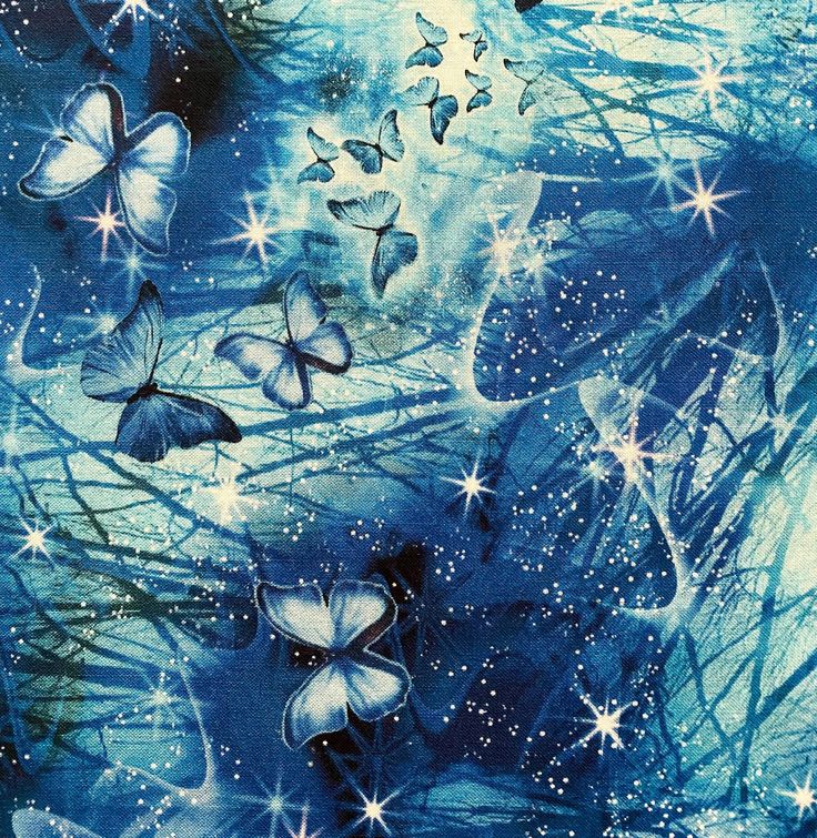 an artistic painting with butterflies and stars in the night sky, as well as snow flakes