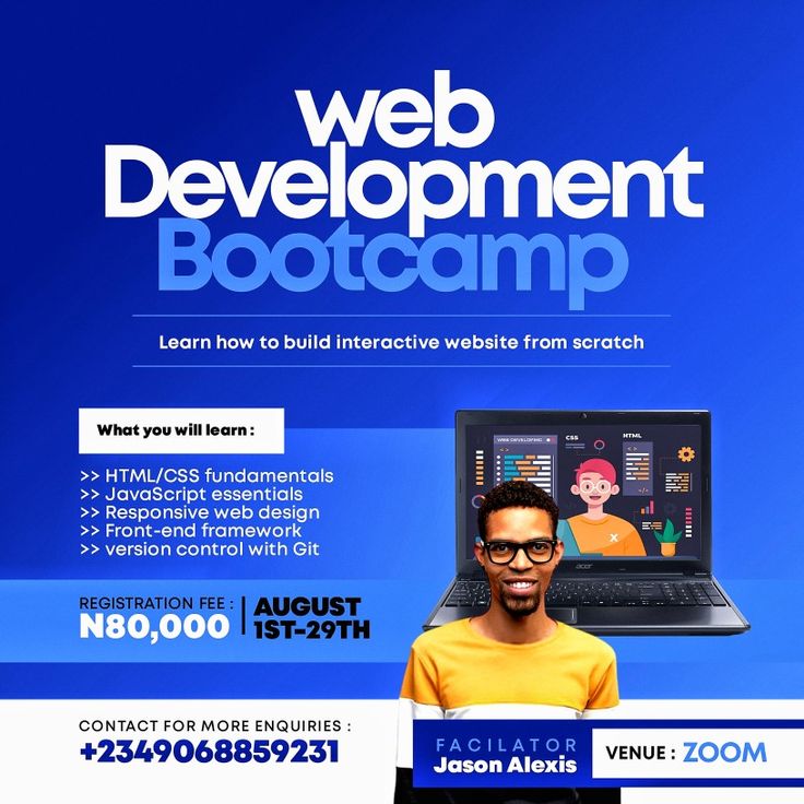 a flyer for a web development boot camp with a man in front of a laptop