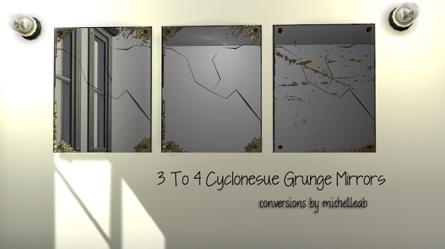 three mirrors are hanging on the wall in front of a window that says, 3 to 4 cubebeque grudge mirrors conversations by meditating