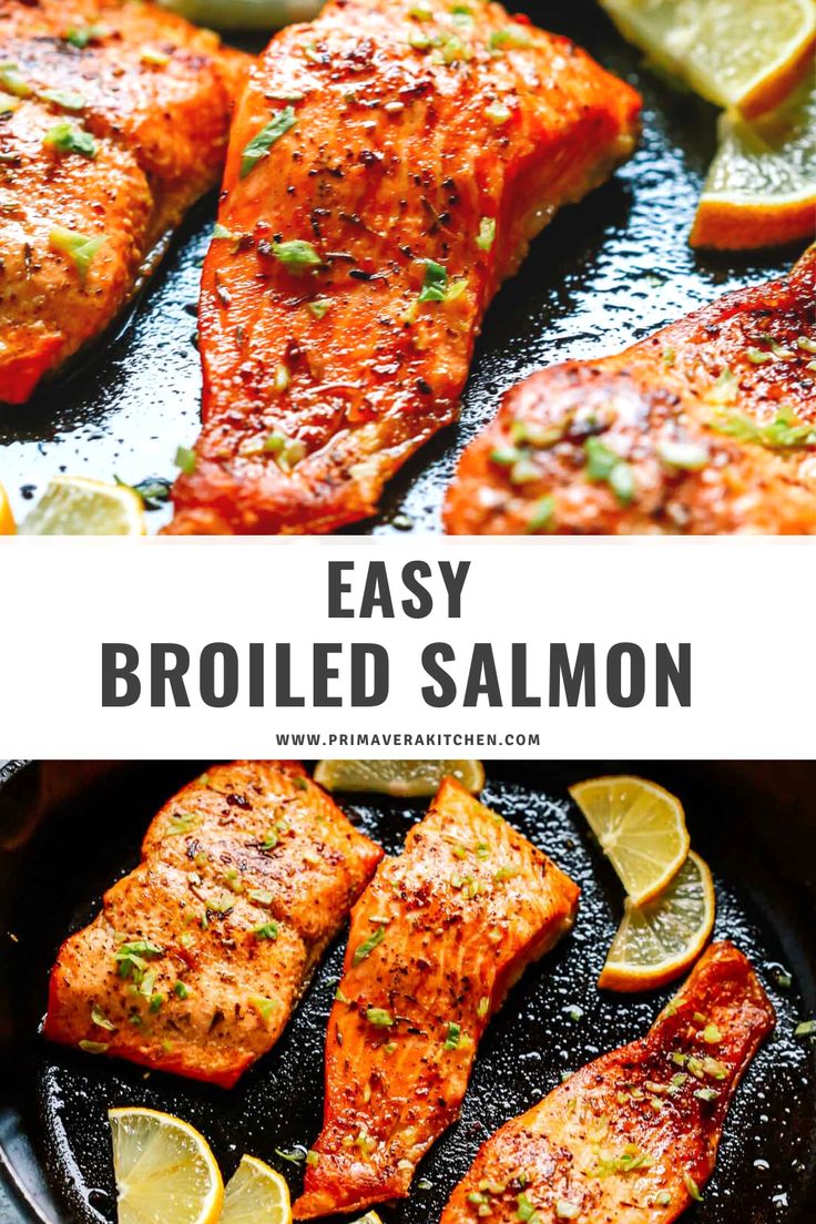 grilled salmon in a skillet with lemons and herbs