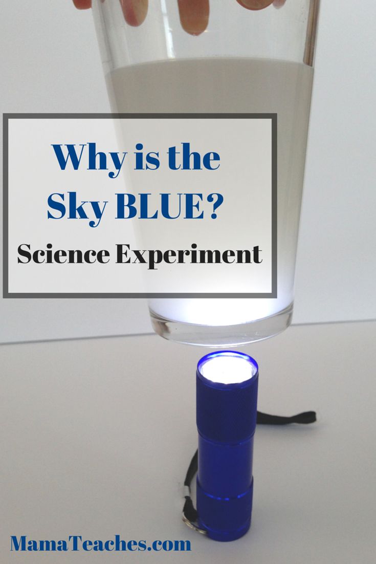 a hand reaching for a blue light in a glass with the words, why is the sky blue? science experiment