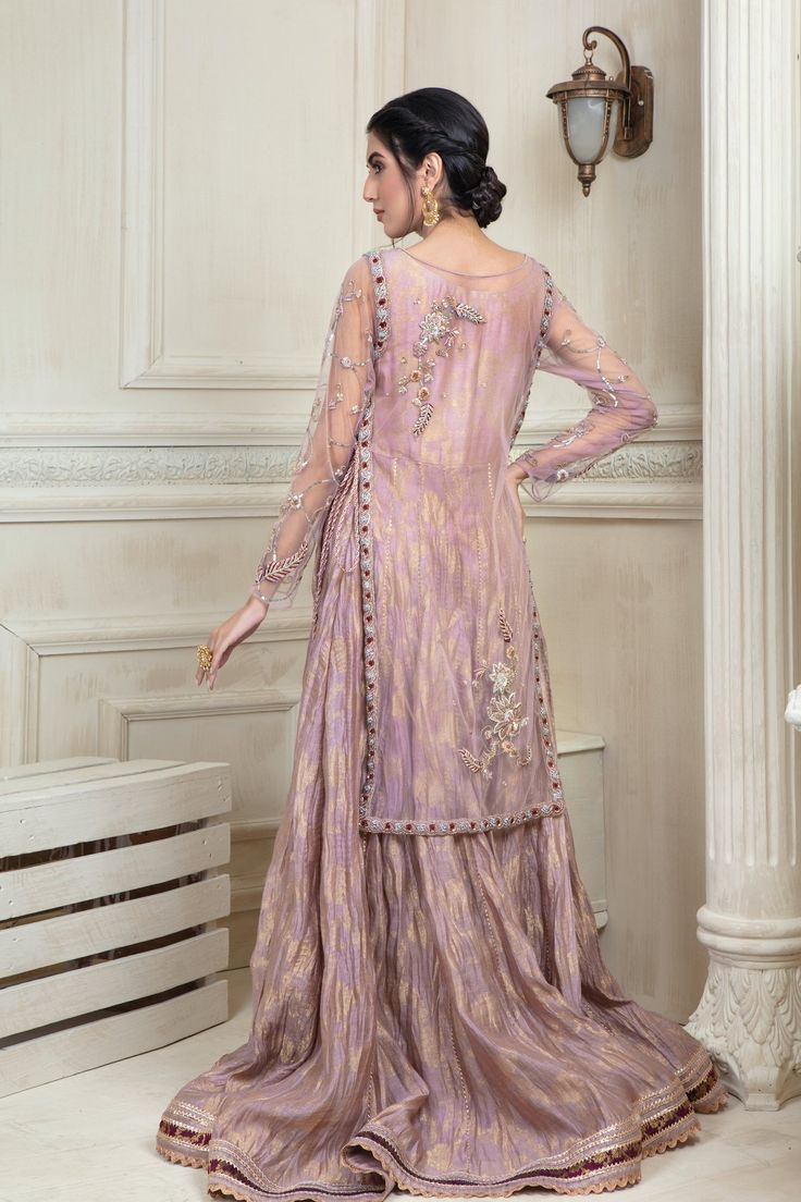 Ballerina | Pakistani Designer Outfit | Sarosh Salman Anarkali Sherwani With Mirror Work For Party, Elegant Semi-stitched Sherwani With Sheer Dupatta, Purple Georgette Palazzo Set For Wedding, Purple Palazzo Set With Resham Embroidery For Wedding, Party Wear Sharara With Intricate Embroidery, Purple Palazzo Set With Dupatta For Wedding, Wedding Nida Sets With Mirror Work, Nida Fabric Sets With Mirror Work For Weddings, Nida Fabric Wedding Sets With Mirror Work