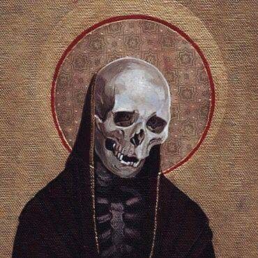 a painting of a skeleton wearing a black robe and holding a cross in his hands