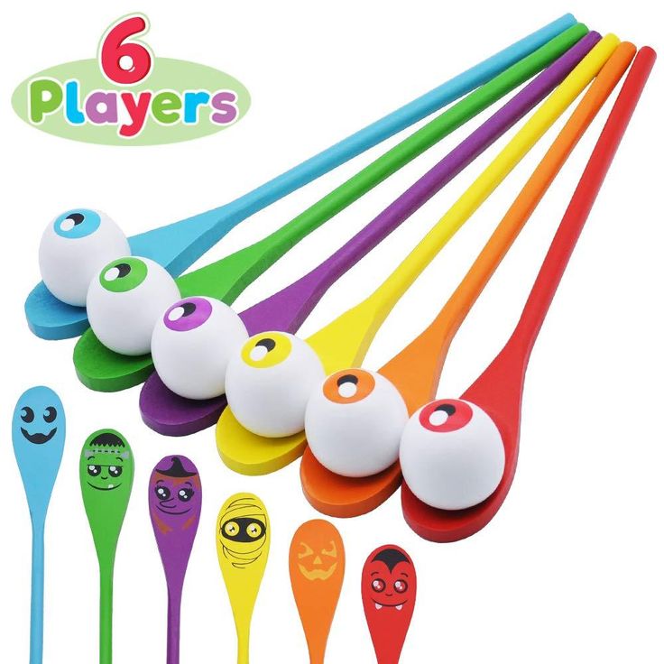 six different colored plastic spoons with faces on them and one has a ball in the middle