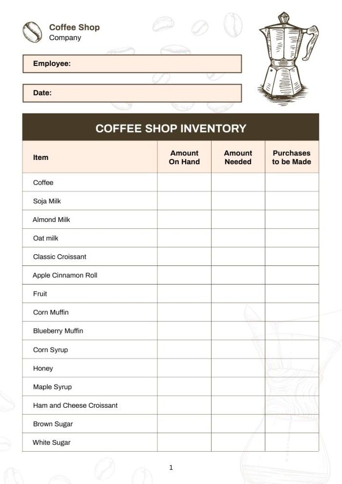 the coffee shop inventory sheet is shown