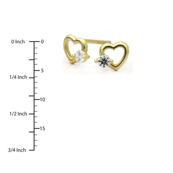 14K Yellow Gold Single Cubic Zirconia Accented Heart Screwback Stud Earrings Gold Heart Cut Diamond Earrings, Gold Heart Earrings With Cubic Zirconia, Gold Cubic Zirconia Pierced Heart Earrings, Gold Heart Earrings With Prong Setting For Wedding, Yellow Gold Cubic Zirconia Heart Earrings For Pierced Ears, Gold Heart Cut Diamond Earrings For Valentine's Day, Gold Heart-shaped Earrings With Diamond Accents, Gold Heart Shaped Earrings With Diamond Accents, Gold Double Heart Cubic Zirconia Earrings