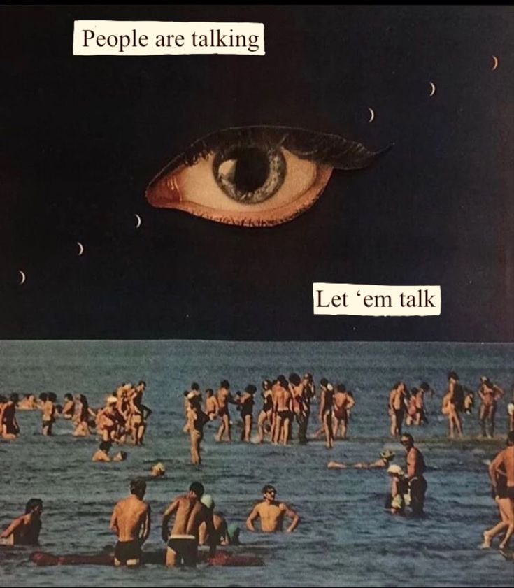 people are talking in the water with an eye above them and on the beach below