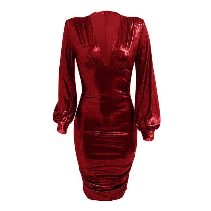 Red Deep V Neck Shiny Long Sleeve Dress Dresses Bodycon, V Neck Midi Dress, Bodycon Dresses, Polyester Dress, Line Patterns, Midi Dresses, Women Dresses, Deep V Neck, Deep V