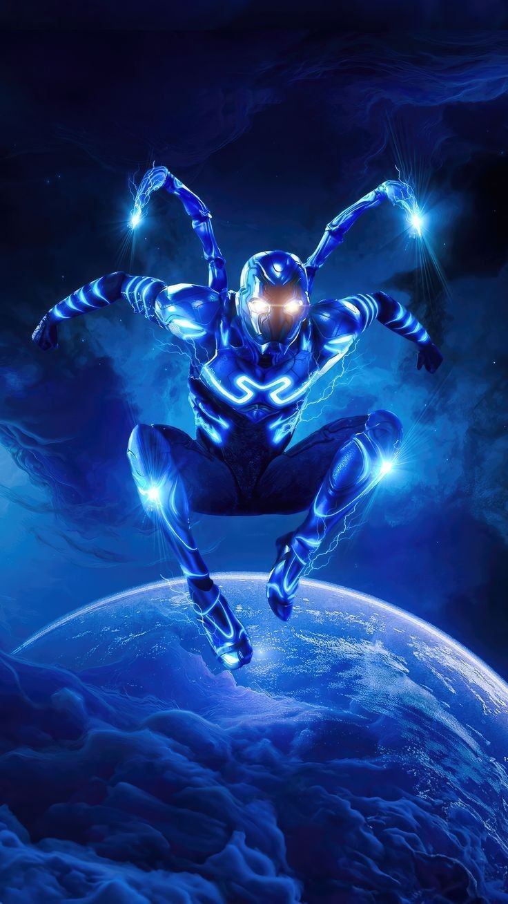 a futuristic man flying over the earth with his arms spread out in front of him