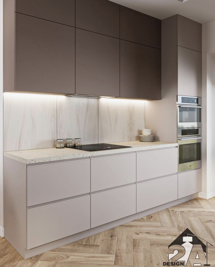 a modern kitchen with white and brown cabinets