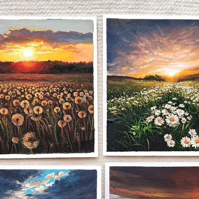 four paintings of flowers are shown in three different frames, each with the sun setting behind them