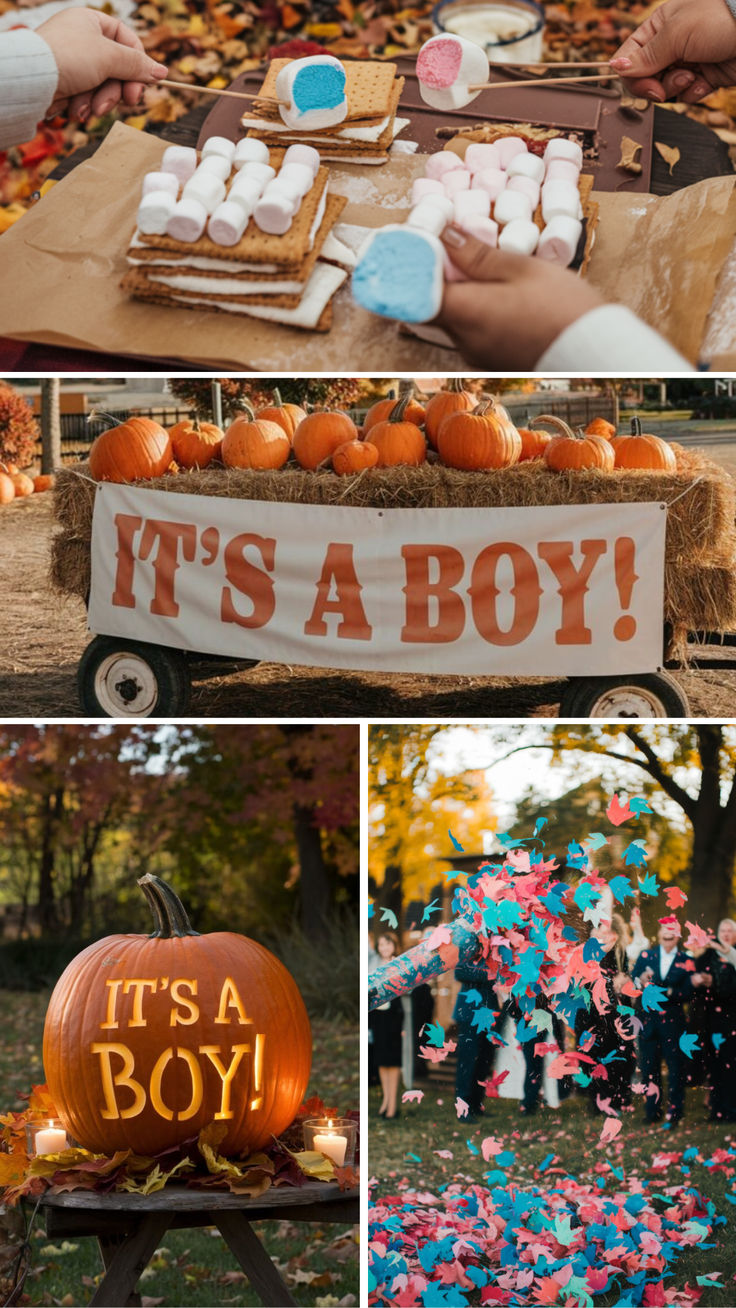 there are many different pictures that include pumpkins and marshmallows on the table