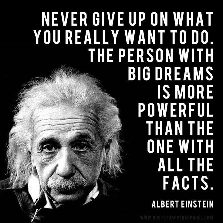 albert einstein quote with black background and white image, never give up on what you really want to do the person with big dreams is more powerful than