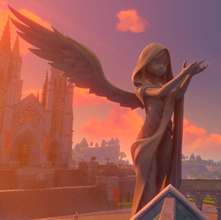 an angel statue stands in front of a castle at sunset with the sun behind it