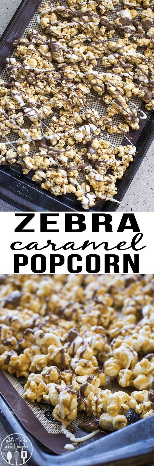 some food that is sitting on top of a baking sheet with the words zebra caramel popcorn