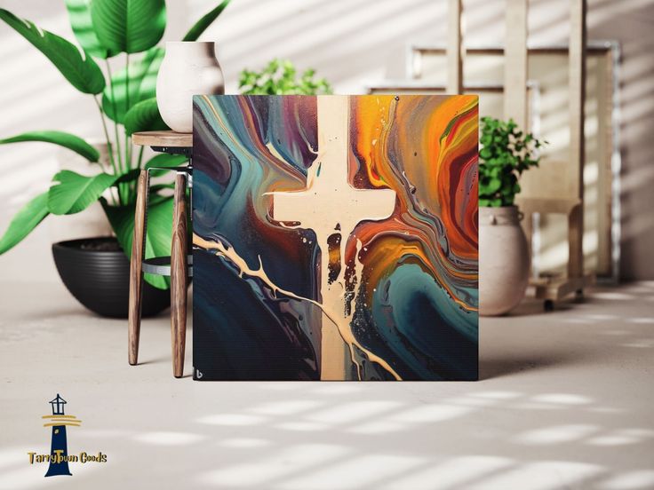 an abstract painting with a cross on it next to a potted plant