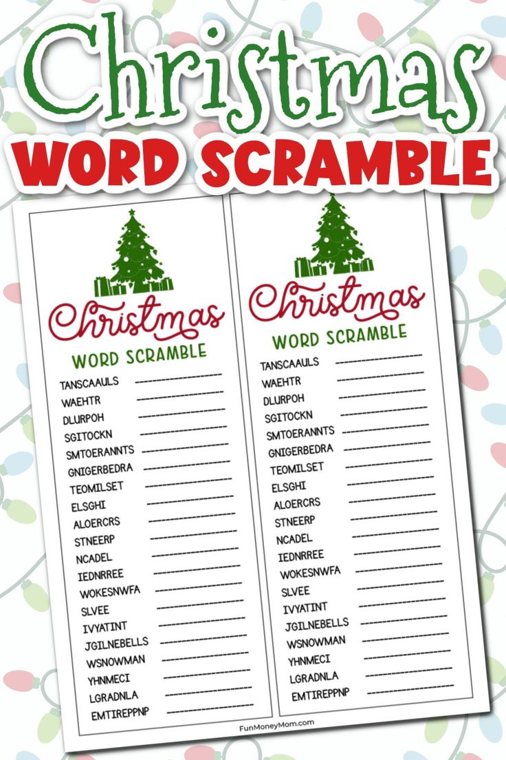 the christmas word scramble game is shown in red and green