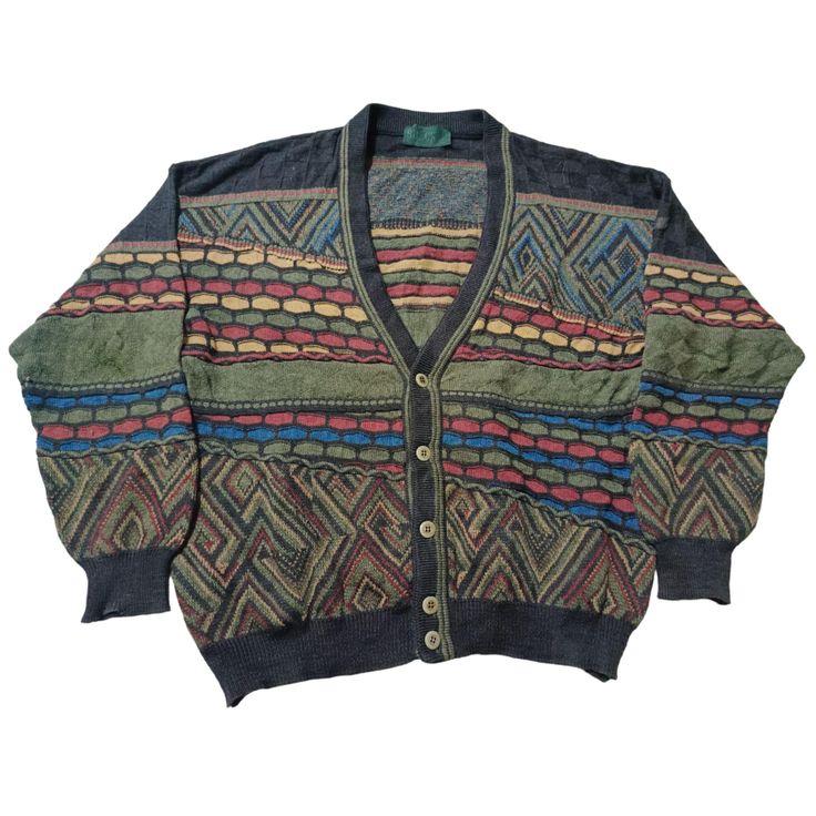 Vintage 90s Coogi Style Cardigan Sweater for men - Classic Retro Knit Dive into the nostalgia of the 90s with this eye-catching vintage Coogi style v cardigan sweater! Inspired by the iconic designs of Coogi Australia, this sweater features the same bold patterns and vibrant colors that defined an era. Perfect for fashion lovers who appreciate unique, statement pieces. Features: Era: 1990s Style: Coogi-inspired Material: High-quality acrylic blend (Soft, warm, and durable) Design: Multicolored, Vintage Winter Jacquard Knit Cardigan, Unique Knitwear, 1990s Style, Random Clothes, 90s Sweater, Mens Cardigan Sweater, Style Sweaters, 1990s Fashion, Sweater For Men