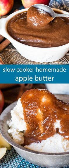 two images show how to make homemade apple butter in the slow cooker, and then use it as an appetizer