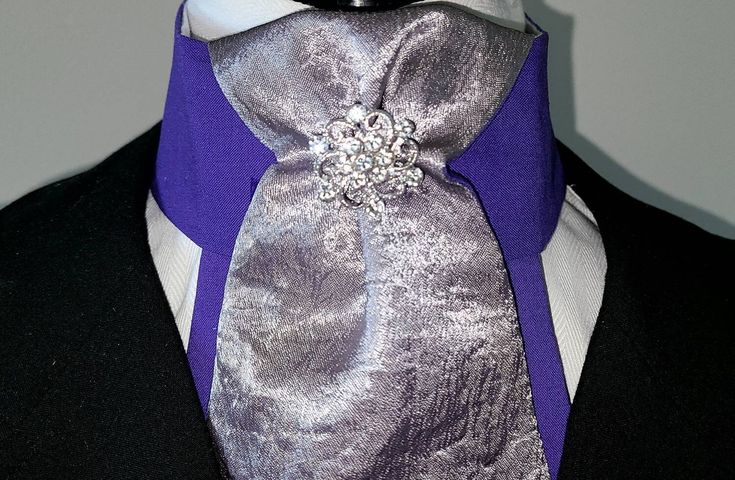 "Add a little purple rain to your outfit! Pre-tied dressage tie with velcro closure.  Handcrafted, sturdy show tie to express yourself!   This tie made to order, silver pins may vary. Sizing options available for child, standard, large.* Need something custom?  Maybe I can help, just ask! *Child, 15\" collar (12-13\" neck) *Standard, 17\" collar (14-15\" neck) *Large, 19\" collar (16-17\" neck)" Silver Party Tie, Dressage Stock Tie, Equestrian Dressage, Stock Tie, Antique Pins, Tie For Women, Brown Tweed, Gold Pin, Handmade Gift Wrap