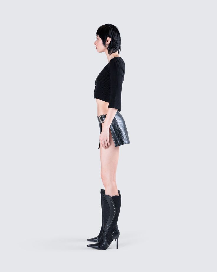 The perfect fit to look both intimidating and enticing 😜 With a black ribbed cardigan top, and a black faux leather mini skirt - this two-piece set will have you look and feeling like your baddest self 👏 Edgy Mini Skirt For Fall Night Out, Sleek Mini Skirt For Night Out In Fall, Sleek Mini Skirt For Fall Night Out, Edgy Mini Skirt For Date Night In Fall, Black Off Shoulder Top, Rhinestone Top, Angel Print, Black Off Shoulder, Faux Leather Mini Skirt