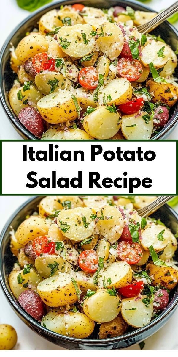 two plates filled with different types of potato salads and the words italian potato salad recipe